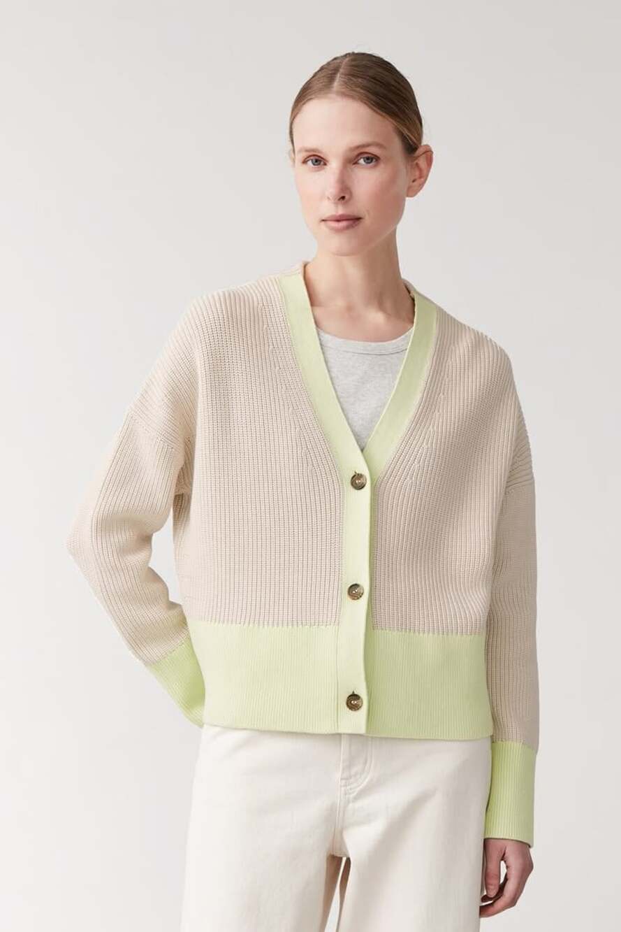 COS Cotton Ribbed Knit Colorblock Cardigan Sweater Green Cream Size S